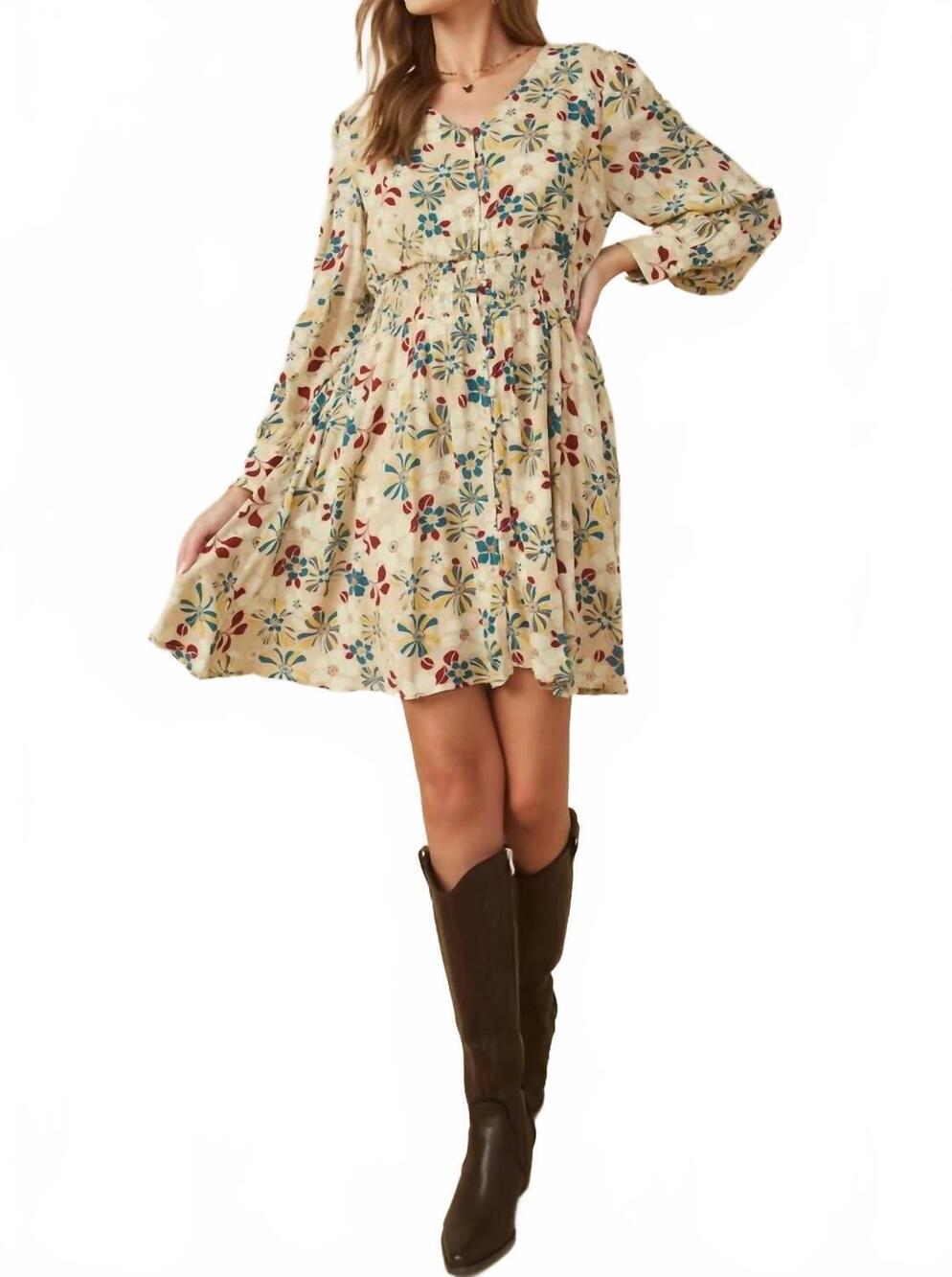NEW HAYDEN LA floral print button up smocked dress in sand/beige